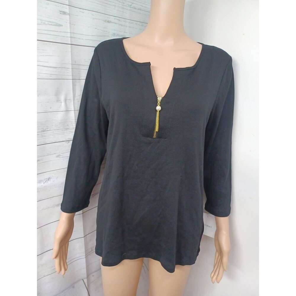 Ellen Tracy 3/4 roll-tab sleeve Black Top Sz L MSRP $69.50
